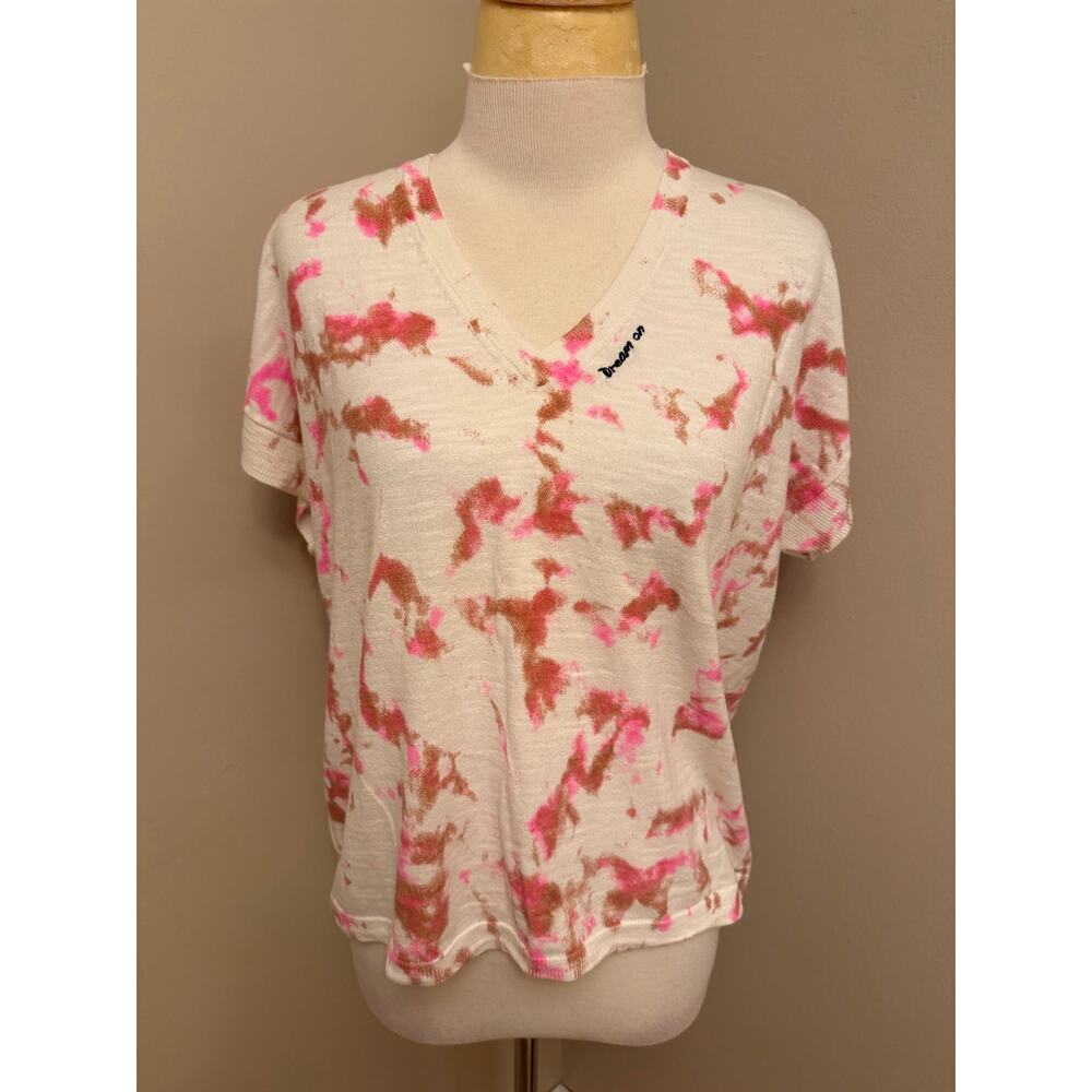 Lisa Todd Dream On Embroidered Tie-Dye Short Sleeve Sweater Knit Top Cream Sz L